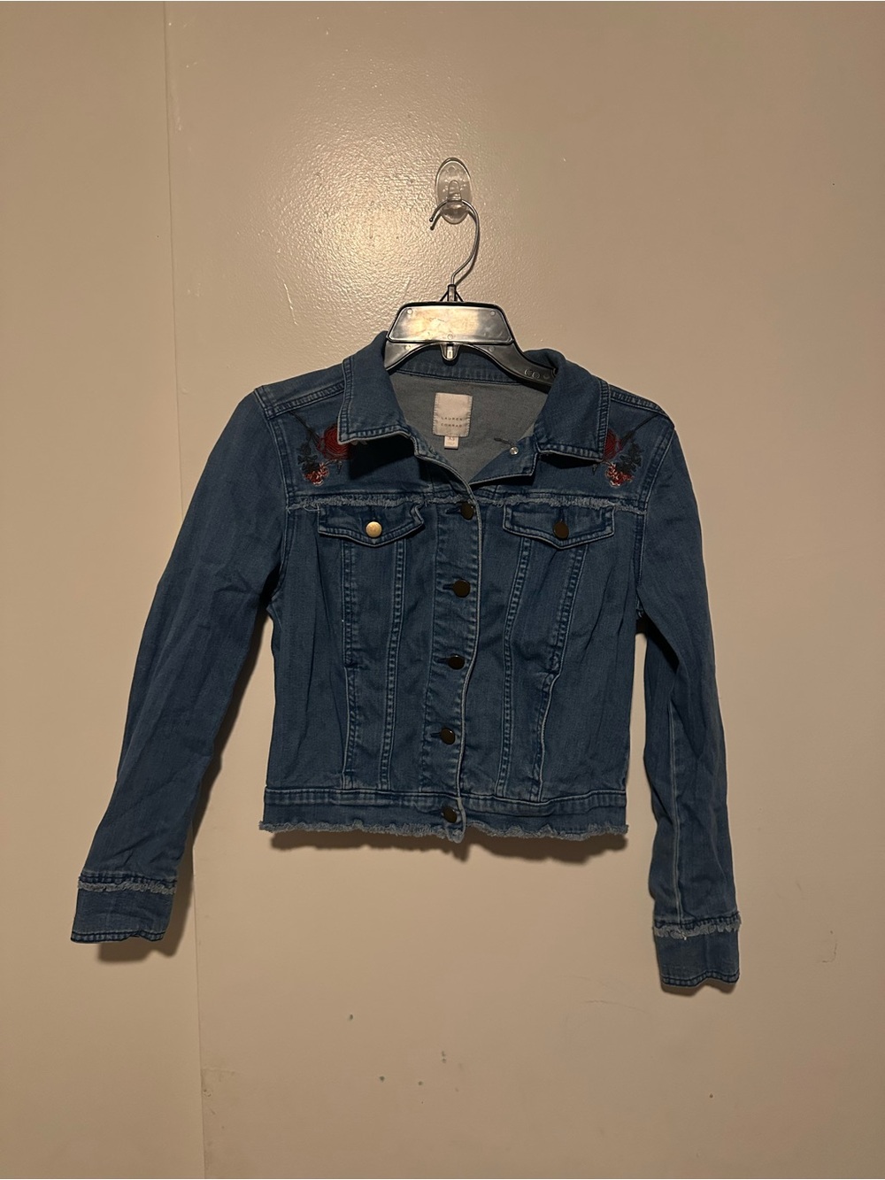LC Lauren Conrad Blue Denim Jacket with Red Embroidery